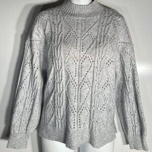 LOFT SZ L Pale Gray Cable Knit Wool Blend Sweater Quiet luxury Old money Preppy